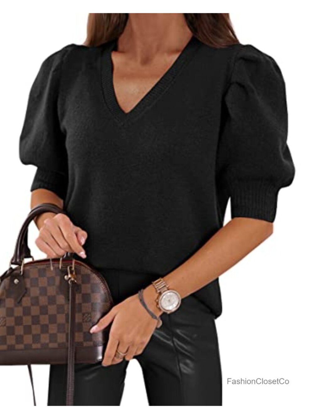 Puff Short Sleeve V Neck Sweater Knit Pullover Blouse Casual Top